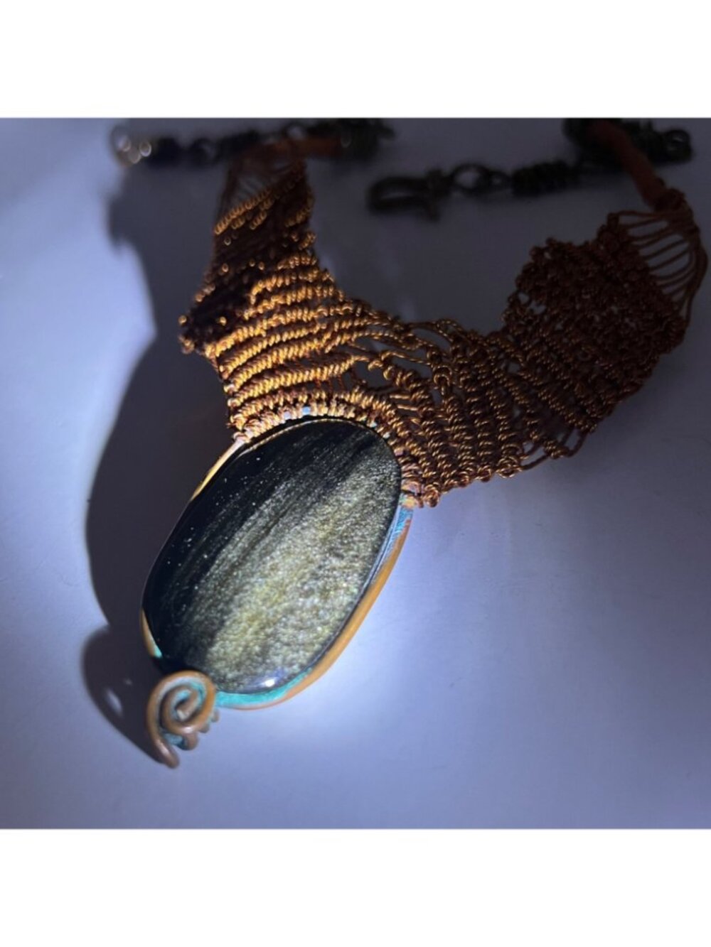 Handmade Copper Wire Wrapped Silver Sheen Obsidian Necklace Boho Statement - Picture 2 of 11